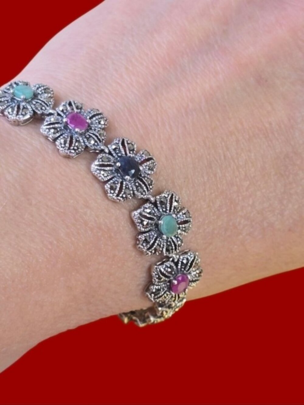 Natural Oval Emerald 5x4mm Ruby Sapphire‎ Marcasite 925 Sterling Silver Bracelet